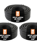 Garage Boss Heavy Duty Split Wire Loom Tubing Three Pack Sleek Black Corrugated Cable Conduit For Automotive Marine Wiring Crew Approved Harness Wrap 25 Ft Each displayed in three sizes: 1/4", 3/8", 1/2".