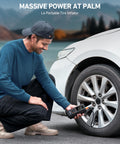 Man using L4 Tire Inflator Portable Air Compressor 150 PSI On The Go With Pressure Gauge And LED Light Quick Inflation For Cars.