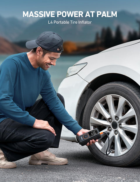 Man using L4 Tire Inflator Portable Air Compressor 150 PSI On The Go With Pressure Gauge And LED Light Quick Inflation For Cars.