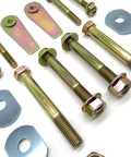 Beefy Front Control Arm Bolt Kit For 1997-2006 Jeep Wrangler TJ And LJ Upper And Lower Frame Side Hardware With 6 10.9 Grade Flange Bolts And Prevailing Torque Nuts Flag Nut Style Cam Bolt Delete Zinc Plated, bolts and cam plates laid out