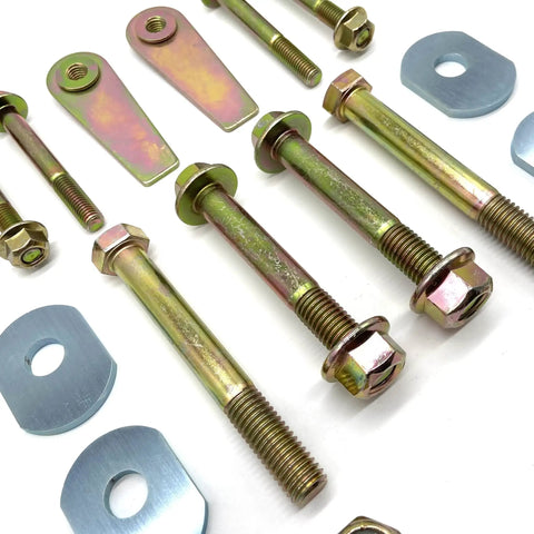 Beefy Front Control Arm Bolt Kit For 1997-2006 Jeep Wrangler TJ And LJ Upper And Lower Frame Side Hardware With 6 10.9 Grade Flange Bolts And Prevailing Torque Nuts Flag Nut Style Cam Bolt Delete Zinc Plated, bolts and cam plates laid out
