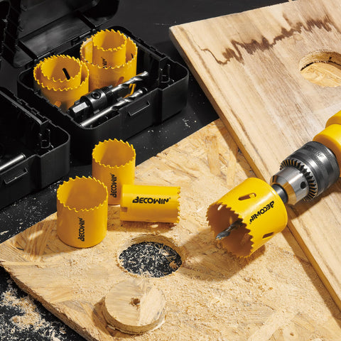 Bi-Metal Hole Saw Kit 7-Piece Set with Mandrels and Bits showing drill cutting wood, blades, and case.