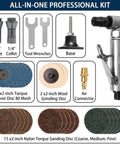 Right-angle pneumatic die grinder kit with 22 two-inch roll-lock sanding discs and wrenches.