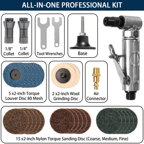 Right-angle pneumatic die grinder kit with 22 two-inch roll-lock sanding discs and wrenches.