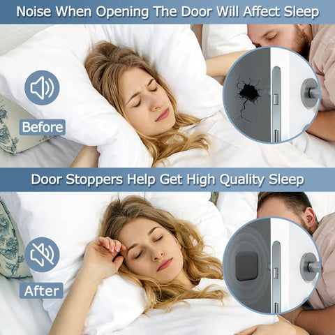 Heavy Duty Silicone Door Wall Protectors With Super Sticky Backing To Take The Heat From Swinging Doors And Keep Your Home From Getting Rattled By General Foot Traffic, visual comparison of sound levels before and after using door stoppers.