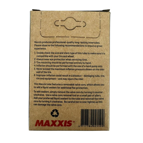 Rear view of Maxxis Welter Weight 27.5 Inch Inner Tube packaging showing usage instructions and recycling symbol