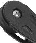 Close-up of durable nylon ball bearing pulley wheel for kayaks and canoes with black horizontal design and stable build.