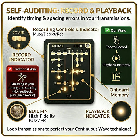 Pocket Morse Code Trainer Pro With LED Audio Telegraph Interactive Practice Tool Real Time Feedback Record And Playback PCB Learning Gear For Ham Radio Enthusiasts showing control features and indicators.