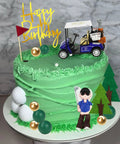 Badass Golf Cake Toppers With Golf Cart And Clay Figurine Dope Golfer Birthday Party Supplies Including Red Flag Trees And Assorted Golf Balls For Fairway Celebrations And Amazing Golfer Gifts: Green frosting cake topped with golf cart, golfer figure, and decorative elements.