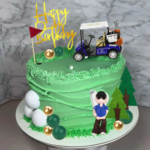 Badass Golf Cake Toppers With Golf Cart And Clay Figurine Dope Golfer Birthday Party Supplies Including Red Flag Trees And Assorted Golf Balls For Fairway Celebrations And Amazing Golfer Gifts: Green frosting cake topped with golf cart, golfer figure, and decorative elements.