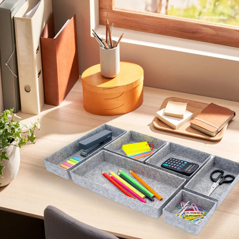 Deluxe Drawer Organizer Set For Home Office And Bathroom, 6-Piece Gray Felt bins on desk with stationery, Style A.