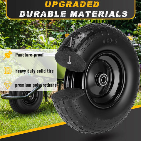 Close-up of No Flat 4 To 6 Wheel And Tire Set With 13 Inch Wheels Solid Foam Filled Tires For Wheelbarrows Garden Carts Wagons Dollies And Hand Trucks Two Pack Black, featuring puncture-proof design and durable materials
