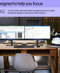 Dual Series 3 27-Inch Dope Full HD IPS Monitors on a desk with wooden finish, showing office work setup, black, 3-sided borderless display.