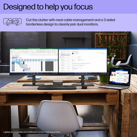 Dual Series 3 27-Inch Dope Full HD IPS Monitors on a desk with wooden finish, showing office work setup, black, 3-sided borderless display.