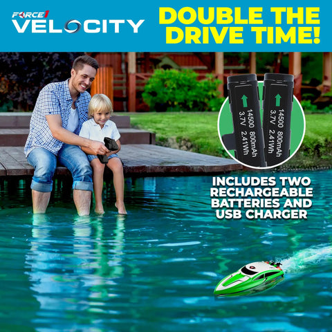 Father and son playing with Velocity Green Fast RC Boat For Pools And Lakes High Speed Remote Control Boat, showing dual batteries