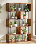 Top Shelf Six Tier Bookshelf With Sleek S Shaped Design, Rustic Brown Geometric Storage Rack, Sturdy Workhorse Organizer, Quick Snap Assembly, Total Flex Space Saver For Books, Plants, Magazines, Smooth Room Vibe Flip For Any Cozy Nook displaying various potted plants.
