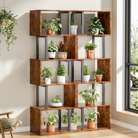 Top Shelf Six Tier Bookshelf With Sleek S Shaped Design, Rustic Brown Geometric Storage Rack, Sturdy Workhorse Organizer, Quick Snap Assembly, Total Flex Space Saver For Books, Plants, Magazines, Smooth Room Vibe Flip For Any Cozy Nook displaying various potted plants.