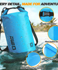 Blue 20L Roll Top Waterproof Dry Bag With Free Waterproof Phone Case in water, showing durable ITW buckle, heat sealed seams, roll-top closure