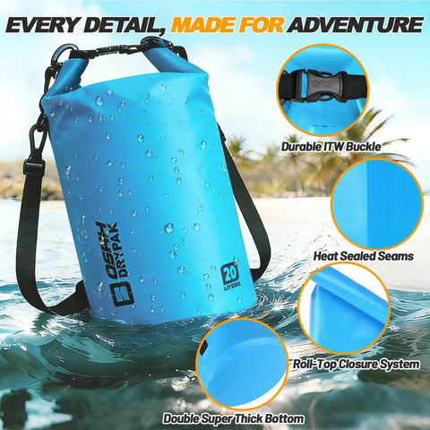 Blue 20L Roll Top Waterproof Dry Bag With Free Waterproof Phone Case in water, showing durable ITW buckle, heat sealed seams, roll-top closure