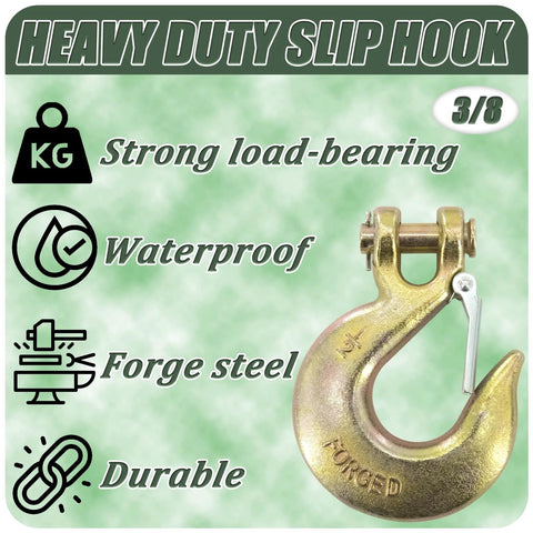 3/8 inch heavy duty slip hook with safety latch, featuring strong load-bearing, waterproof forged steel, and durable design.