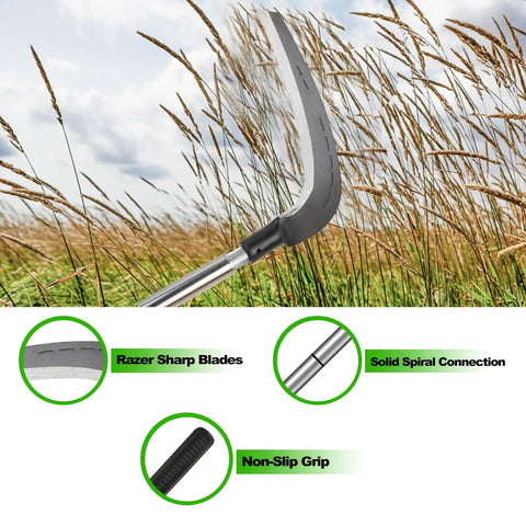 Beast Scythe Tool For Grass Cutting And Weeding Sickle in field, sharp blade, spiral connection, non-slip grip, ergonomic handle