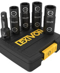 Eight Lug Nut Sockets For Half Inch Drive With Flip Eight In Four Design Covers Metric And Inch Nuts With Extension Bar on black case