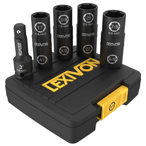 Eight Lug Nut Sockets For Half Inch Drive With Flip Eight In Four Design Covers Metric And Inch Nuts With Extension Bar on black case