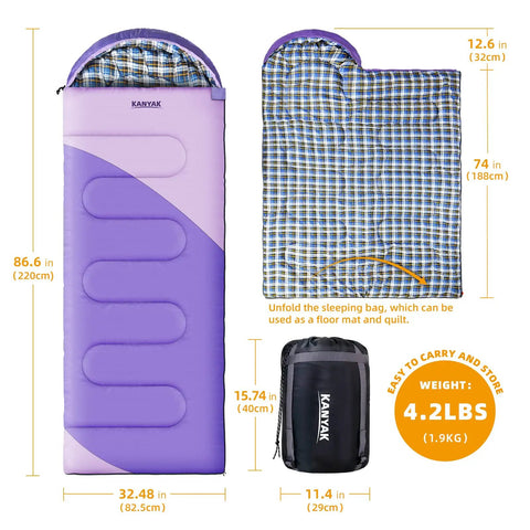 Water-Resistant Portable Purple Sleeping Bag For Adults Teens And Kids, The Ultimate Outdoor Companion, size and weight display