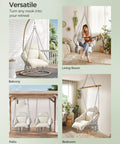 Comfy Hammock Chair With Large Thick Cushion, Boho Swing Chair For Bedroom, Patio Or Garden, Strong Metal Frame, Dove Gray And Cream White in various settings.