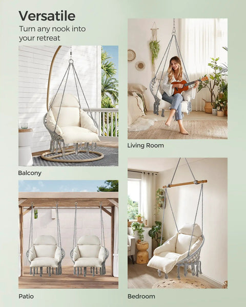 Comfy Hammock Chair With Large Thick Cushion, Boho Swing Chair For Bedroom, Patio Or Garden, Strong Metal Frame, Dove Gray And Cream White in various settings.