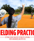 Person fielding on baseball field using All In One Baseball And Softball Training Aid With Spring Loaded Ball Launcher For Batting And Grounders