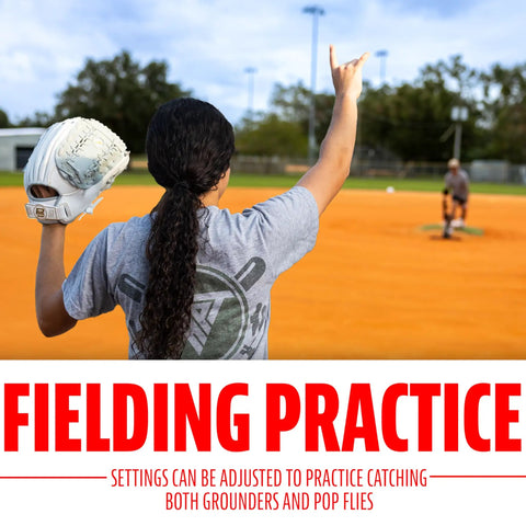 Person fielding on baseball field using All In One Baseball And Softball Training Aid With Spring Loaded Ball Launcher For Batting And Grounders