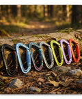 Colorful set of carabiners, including Two Way Quick Lock Double Locking Climbing Carabiner 25kN Heavy Duty, displayed outdoors.