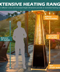 Backyard Hangout Ready 48,000 BTU Pyramid Flame Patio Heater With Cover, shown on a patio with height dimensions highlighted.