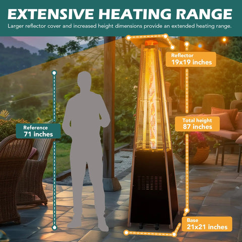 Backyard Hangout Ready 48,000 BTU Pyramid Flame Patio Heater With Cover, shown on a patio with height dimensions highlighted.