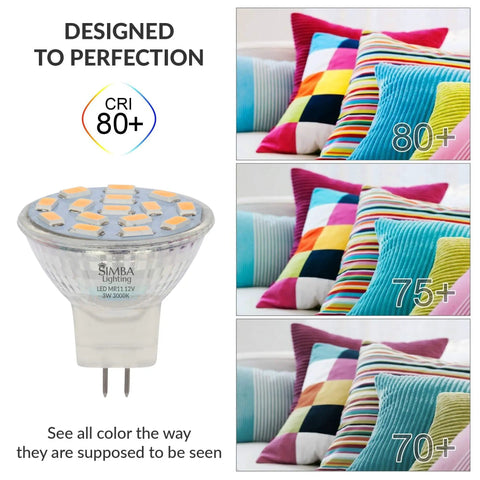Designed to perfection label for LED MR11 Flood Light Bulbs 10 Pack 12V 3W 240 Lumens 20W Halogen Replacement GU4 Bi Pin Base.