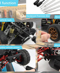 All In One 12 Piece RC Car Repair Tool Kit With Hex Screwdrivers Pliers Wrenches Nut Drivers And Phillips And Flat Screwdrivers For RC Cars Drones Helicopters Planes And Boats Pro Grade Turnbuckle Wrenches And Locknut Sleeve Included shown in use on RC car.