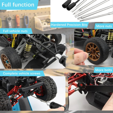 All In One 12 Piece RC Car Repair Tool Kit With Hex Screwdrivers Pliers Wrenches Nut Drivers And Phillips And Flat Screwdrivers For RC Cars Drones Helicopters Planes And Boats Pro Grade Turnbuckle Wrenches And Locknut Sleeve Included shown in use on RC car.