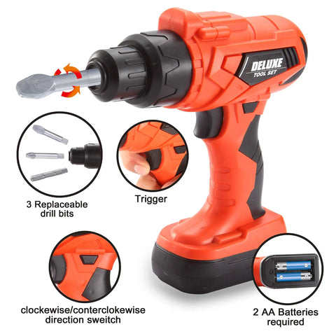 Realistic toy drill from 32 Piece Kids Tool Set With Construction Backpack, Realistic Toy Drill And Replaceable Bits, Helmet, Goggles And More Tools For Toddlers And Kids Aged 3 4 5 6, Perfect Birthday Gift For Little Builders with replaceable bits and battery compartment