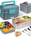 Electric Lunch Box For Adults, 100W 3.5L Two-Layer Heated Food Warmer With 304 Stainless Steel, accessories shown, Grey