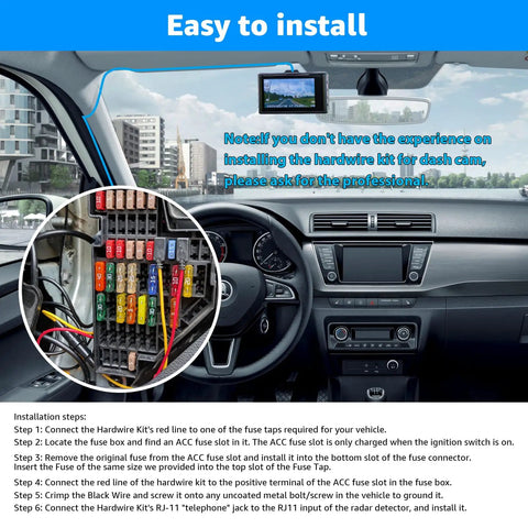 Car interior with radar detector hardwire kit installation steps, showing fuse box and wiring for Escort, Valentine One, Uniden, Beltronics, Cobra.