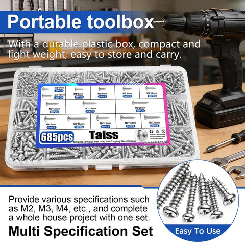 Self Tapping Wood Screws Set 685Pcs M2 M3 M4 Phillips Pan Head Assortment Kit in plastic organizer, carbon steel