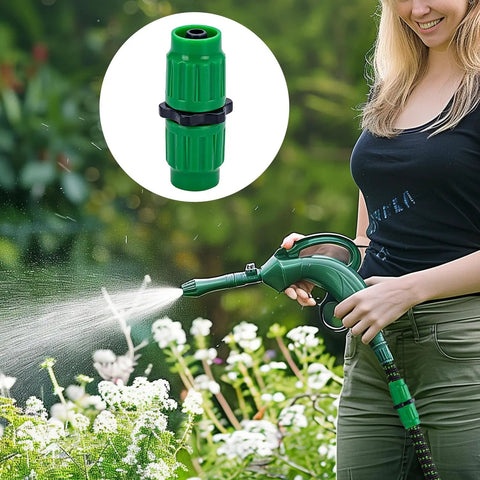 Woman using 4 Pack Expandable Garden Hose Repair Kit With Universal Dual Channel Female And Male Connectors For 25 To 100 Foot Expandable Hoses