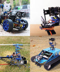 Collage of Arduino projects using 9G Micro Servo Motor SG90 Metal Gear, including RC car, robot arm, drone, and tank