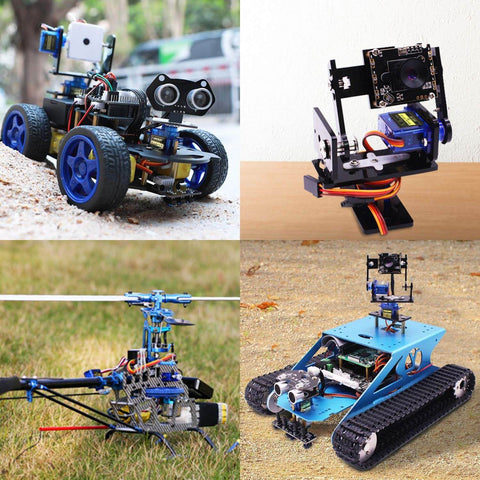 Collage of Arduino projects using 9G Micro Servo Motor SG90 Metal Gear, including RC car, robot arm, drone, and tank
