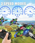 Hands holding remote control with V32 Foam RC Plane With 3 Batteries Remote Control Airplane For Kids And Adults 8 To 16 flying over landscape