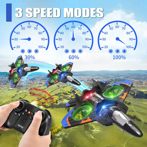 Hands holding remote control with V32 Foam RC Plane With 3 Batteries Remote Control Airplane For Kids And Adults 8 To 16 flying over landscape