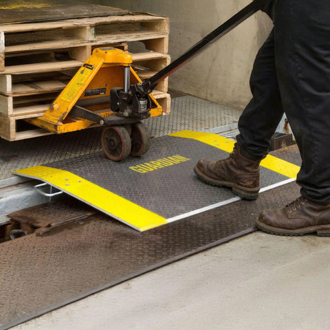 Heavy Duty Aluminum Dock Plate Bridges Trailer Gap Smoothly For Pallet Jacks Hand Carts Warehouse Workhorse Featuring Non Skid Surface And Rock Solid 1800 Pound Load Capacity with pallet jack in use