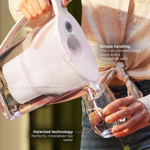 No Fuss 2.7 Liter Water Filter Jug With Magnesium Mineralizer Cartridge pouring water into a glass, showcasing easy handling and design.