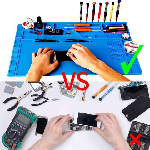 Pro Grade Large Silicone Soldering Mat With Magnetic Parts Layout Built In Ruler For Electronics Computer Repair 21.6 By 13.8 Inches Heat Resistant Insulation Soldering Station Pad With 124 Screw Positions 4 Magnetic Areas 18 Notches 49 Spare Units used for smartphone repair.